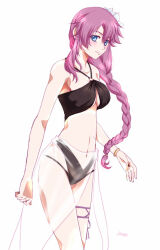 1girl artist_name bikini blue_eyes blush braid breasts eiyuu_densetsu emma_millstein floating_hair hair_between_eyes hajimari_no_kiseki large_breasts long_hair looking_at_viewer parted_bangs pink_hair see-through_clothes sen_no_kiseki_(series) simple_background single_braid single_sidelock smile solo swimsuit white_background xiacheng_tatsuya