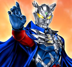 1boy abs alien armor blue_cape blue_skin breastplate bright_pupils cape collarbone color_timer colored_skin commentary curled_fingers eye_slugger forehead_jewel gem glowing glowing_eyes green_gemstone hanejidyna86 highres looking_at_viewer male_focus multicolored_skin muscular muscular_male orange_sky outdoors outstretched_arm pectorals red_skin silver_skin sky solo standing sunset tokusatsu ultra_galaxy_(series) ultra_series ultraman_z_(series) ultraman_zero upper_body white_pupils wrinkled_skin