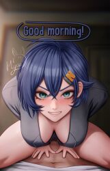 1boy 1girl absurdres ahoge ai-generated artist_name belle_(zenless_zone_zero) black_panties black_shirt blue_hair breasts cleavage clenched_teeth commentary english_commentary english_text girl_on_top good_morning_my_brother!_(meme) green_eyes hair_ornament hanging_breasts hetero highres incest indoors large_breasts letter_hair_ornament looking_at_viewer meme myeu on_bed panties pointy_ears red_eyes shirt short_hair smile solo_focus speech_bubble teeth tokidoki_bosotto_roshia-go_de_dereru_tonari_no_alya-san underwear wise_(zenless_zone_zero) zenless_zone_zero
