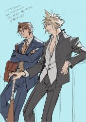 Rule 34 | 2boys, aqua eyes, bag, bandaid, bandaid on cheek, bandaid on face, baseball bat, black jacket, black pants, blonde hair, blue background, blue eyes, blue jacket, blue pants, brown hair, brown sweater vest, cloud strife, cloud strife (midgard seventh high school), collared shirt, crossed arms, delinquent, earrings, feet out of frame, final fantasy, final fantasy vii, final fantasy vii ever crisis, final fantasy viii, gakuran, hair between eyes, highres, holding, holding baseball bat, jacket, jewelry, male focus, multiple boys, necktie, orange necktie, pants, parted bangs, school uniform, shio ga, shirt, short hair, shoulder bag, single earring, spiked hair, squall leonhart, suit jacket, sweater vest, white shirt