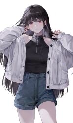 Rule 34 | 1girl, absurdres, black hair, black shirt, closed mouth, cowboy shot, denim, denim shorts, hair between eyes, hand in own hair, highres, jacket, korean commentary, long hair, long sleeves, looking at viewer, mang chan d, mole, mole under eye, open clothes, open jacket, original, red eyes, shirt, shorts, simple background, sleeveless, sleeveless shirt, solo, very long hair, white background, white jacket