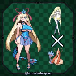 1girl alternate_breast_size alternate_costume arm_at_side artist_name bare_shoulders big_hair blonde_hair blue_choker blue_leotard blue_lips blue_sandals blue_skirt blue_tiara blunt_bangs border breasts checkered_background choker closed_mouth clothing_cutout cosplay covered_navel female_focus full_body gen_3_pokemon grabbing_own_thigh green_background green_eyes hand_on_own_cheek hand_on_own_face happy large_breasts legs leotard lipstick long_hair looking_at_viewer lusamine_(pokemon) makeup mature_female milotic milotic_(cosplay) miniskirt nintendo notsafeforpixel official_art_inset pokemon pokemon_sm sandals see-through_clothes see-through_skirt skirt smile solo standing tail thighs tiara twitter_username underboob underboob_cutout very_long_hair watermark wide_hips