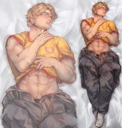 1boy abs bara bed_sheet blonde_hair blue_eyes blush bulge clothes_lift curly_(mouthwashing) curly_(pre-crash)_(mouthwashing) dakimakura_(medium) full_body highres insomniphic lying male_focus mature_male mouthwashing muscular muscular_male navel navel_hair on_back open_fly projected_inset pubic_hair pubic_hair_peek shirt_lift short_hair stomach thick_eyebrows