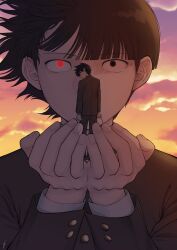 2boys absurdres black_eyes black_hair blunt_bangs brothers buttoned_cuffs buttons closed_mouth floating_hair gakuran glowing glowing_eye heterochromia highres holding kageyama_ritsu kageyama_shigeo long_sleeves looking_at_viewer male_focus mob_psycho_100 multiple_boys pants red_eyes salt_middle_school_uniform school_uniform short_hair siblings user_dhue8322