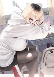 1girl absurdres black_hair black_pantyhose black_skirt blonde_hair breasts chair classroom closed_eyes desk from_side glasses highres hood hood_down hoodie huge_breasts indoors long_sleeves medium_hair multicolored_hair open_mouth original pantyhose rerrere roots_(hair) school_chair school_desk shoes sitting skirt sleeping solo white_hoodie white_shoes zzz