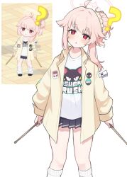 1girl ? ahoge badge black_skirt blue_archive blush button_badge cardigan chestnut_mouth drumsticks feet_out_of_frame game_screenshot_inset hair_bun hair_flaps highres holding holding_drumsticks long_hair long_sleeves looking_at_viewer miniskirt natsu_(band)_(blue_archive) natsu_(blue_archive) official_alternate_costume open_cardigan open_clothes parted_lips pink_hair pleated_skirt puffy_long_sleeves puffy_sleeves red_eyes reference_inset shirt simple_background single_side_bun skirt solo t-shirt tonikaku_kaku white_background white_shirt yellow_cardigan