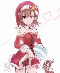 2girls armpits artist_name asshuku bell belt black_belt blush bob_cut bow box breasts brown_eyes brown_hair chibi chibi_inset christmas cleavage clothes_lift commentary cowboy_shot detached_collar detached_sleeves dress embarrassed excited expressionless flower frown full-face_blush fur_collar fur_trim furrowed_brow gift gift_box gluteal_fold green_bow green_panties hair_between_eyes hair_flower hair_ornament hat heart holding holding_box lace-up_top lifting_own_clothes light_frown looking_at_another looking_at_viewer misaka_imouto misaka_mikoto multiple_girls o_o open_mouth outstretched_arms panties pantyshot pom_pom_(clothes) reaching reaching_towards_viewer red_bow red_headwear red_panties running santa_costume santa_hat short_dress short_hair shouting siblings signature simple_background sisters sketch skirt skirt_lift sleeveless small_breasts strapless strapless_dress striped_bow striped_clothes striped_panties surprised symbol-only_commentary toaru_kagaku_no_railgun toaru_majutsu_no_index translated two-tone_panties underwear upset white_background white_bow white_flower white_fur
