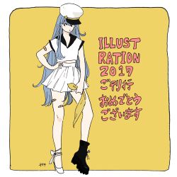 1girl 2017 asymmetrical_footwear bandaid black_footwear blue_hair blush boots chaki_(chackiin) hand_on_own_hip hat illustration.media long_hair midriff original pleated_skirt shirt shoes simple_background skirt sleeveless sleeveless_shirt solo uneven_footwear very_long_hair white_footwear white_hat white_shirt white_skirt wide_shot yellow_background