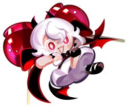 1girl :3 black_dress black_ribbon black_shoes black_wings bow bowtie candy_apple candy_apple_cookie colored_eyelashes cookie_run cookie_run:_kingdom demon_girl demon_horns demon_wings detached_sleeves diamond-shaped_pupils diamond_(shape) dress food food-themed_hair_ornament full_body game_cg gothic_lolita hair_ornament hair_ribbon horns lolita_fashion looking_at_viewer official_art petticoat puffy_detached_sleeves puffy_sleeves red_eyes ribbon see-through_clothes see-through_sleeves shoes short_hair simple_background single_sock smile socks solo symbol-shaped_pupils third-party_source transparent_background white_eyelashes white_hair white_socks wings