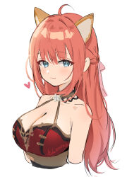 Rule 34 | 1girl, :3, absurdres, ahoge, animal ears, armpit crease, ash (cat7evy), bare shoulders, blue eyes, breasts, character request, cleavage, closed mouth, cropped arms, cropped torso, extra ears, half updo, heart, highres, large breasts, long hair, looking at viewer, mabinogi, orange hair, red shirt, shirt, simple background, sleeveless, sleeveless shirt, smile, solo, white background