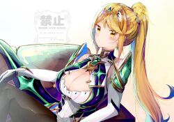 1girl alternate_hairstyle bare_shoulders black_pantyhose blonde_hair breasts chest_jewel cleavage_cutout clothing_cutout dress earrings elbow_gloves floating_earring gloves headpiece high_ponytail highres jewelry large_breasts long_hair looking_at_viewer microdress mythra_(massive_melee)_(xenoblade) mythra_(xenoblade) nemu_(ut_kakinotane) nintendo pantyhose ponytail solo super_smash_bros. swept_bangs thighhighs tiara very_long_hair white_dress white_gloves xenoblade_chronicles_(series) xenoblade_chronicles_2 yellow_eyes