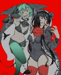 1sabe1x 2girls animal_hood arm_over_shoulder arm_up black_horns black_shoes bra chain cloak fingerless_gloves forced_smile gloves green_hair green_leggings highres hood horns i&#039;m_the_grim_reaper leggings leotard lock looking_at_viewer multiple_girls no_shirt playboy_bunny red_background red_eyes red_scarf red_thighhighs scar scar_on_face scar_on_mouth scarf scarlet_(i&#039;m_the_grim_reaper) sharp_teeth shoes tail teeth thighhighs underwear wrynn_(i&#039;m_the_grim_reaper) zipper