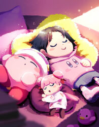 Rule 34 | 2girls, :o, adeleine, aruco co, black hair, blurry, blurry foreground, blush, blush stickers, book, book stack, character print, closed eyes, closed mouth, commentary request, cone mouth, copy ability, double bun, fairy, fairy wings, grey skirt, hair bun, hair ribbon, hat, highres, hood, hood down, hoodie, indoors, kirby, kirby (series), light-bulb mouth, light particles, long sleeves, lying, multiple girls, nightcap, nintendo, on back, on side, open mouth, pajamas, parted bangs, pillow, pink hair, pink hoodie, pink socks, polka dot headwear, print hoodie, print shirt, print socks, purple hat, red ribbon, ribbon, ribbon (kirby), rubber duck, shirt, short hair, skirt, sleep kirby, sleeping, smile, socks, star-shaped pillow, star (symbol), star print, sunlight, u u, vending mouth, white shirt, wings