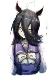 Rule 34 | 1girl, ahoge, animal ears, bags under eyes, bow, bowtie, closed mouth, ear tag, earrings, expressionless, hair between eyes, highres, horse ears, horse girl, jewelry, long bangs, long hair between eyes, long sleeves, magnoliko, manhattan cafe (umamusume), multicolored hair, purple sailor collar, purple shirt, sailor collar, school uniform, shirt, simple background, single earring, solo, tracen school uniform, translation request, umamusume, white background, white bow, white bowtie, white hair, yellow eyes