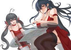 2girls absurdres ahoge ame_(3333) azur_lane bare_shoulders black_garter_straps board_game breasts center_opening choker cleavage cocktail_dress cosplay covered_erect_nipples crossed_legs dress evening_gown flat_chest from_below garter_straps glass_table hair_between_eyes hair_ornament hand_on_own_cheek hand_on_own_face heart heart_ahoge highres huge_breasts long_hair looking_at_another looking_at_viewer mother_and_daughter multiple_girls official_alternate_costume red_choker red_dress red_eyes simple_background sitting sleeveless sleeveless_dress table taihou-chan_(azur_lane) taihou_(azur_lane) taihou_(azur_lane)_(cosplay) taihou_(forbidden_fruit)_(azur_lane) twintails very_long_hair white_background