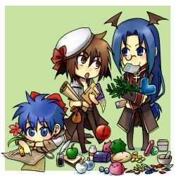 3boys :3 apple asat._(closeaq) beret black-framed_eyewear blue_eyes blue_hair book bottle bow brown_coat brown_footwear brown_pants brown_wings chibi chibi_only coat coin cross cross_necklace crystal dagger flower food fruit full_body gold_trim green_apple green_background hair_bow hat hat_bow head_wings heart holding holding_book holding_dagger holding_knife holding_ticket holding_weapon hood hood_down hooded_coat inkwell jewelry knife leaf long_hair long_sleeves looking_at_another looking_to_the_side lowres male_focus map mask monk_(ragnarok_online) monocle mortar_(bowl) multicolored_coat multiple_boys necklace on_floor open_mouth pants parted_bangs pestle pink_flower poring priest_(ragnarok_online) quill ragnarok_online red_bow red_coat shoes short_hair short_sleeves smiley_face standing ticket treasure_chest two-tone_coat very_long_hair weapon white_background white_hat wings