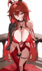 1girl absurdres bby black_gloves black_horns black_jacket breasts cleavage closed_mouth clothing_cutout collarbone commentary dress earrings eyeliner fingerless_gloves gloves goddess_of_victory:_nikke hair_between_eyes hair_intakes highres horns jacket jacket_on_shoulders jewelry large_breasts long_dress long_hair looking_at_viewer makeup nail_polish navel official_alternate_costume red_dress red_eyeliner red_hair red_hood_(nikke) red_hood_(nonsense_red)_(nikke) red_nails side_cutout simple_background single_off_shoulder smile solo standing stomach thigh_strap very_long_hair white_background yellow_eyes