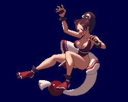 animated animated_gif bare_legs breasts brown_hair cleavage falling high_ponytail japanese_clothes king_of_fighters_xiii large_breasts long_hair lowres midair ninja no_bra pelvic_curtain pixel_art ponytail revealing_clothes shiranui_mai sideboob tabi the_king_of_fighters the_king_of_fighters_xiii