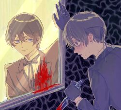 2boys bishounen blood bloody_knife blue_eyes blue_hair blush bow brothers ciel_phantomhive ciel_phantomhive&#039;s_brother crying different_reflection ena33333333 eyelashes eyepatch formal_clothes gloves highres holding holding_knife knife kuroshitsuji male_focus mirror multiple_boys pale_skin reflection shirt siblings smile suit sweat tareme twins