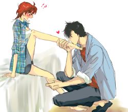 !? 1boy 1girl black_hair blush city_hunter heart hetero kissing_foot makimura_kaori plantar_flexion red_hair saeba_ryou short_hair usuikoromo