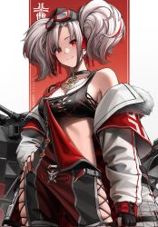 1girl artist_name azur_lane bare_shoulders black_choker black_tank_top breasts choker cleavage clothing_cutout coat criss-cross_straps cross cross_choker fur-trimmed_coat fur_trim goggles goggles_on_head grey_hair hair_ornament highres iron_blood_(emblem) iron_cross kazuodum large_breasts multicolored_hair off_shoulder parted_bangs prinz_adalbert_(azur_lane) shark_girl ship_turret simple_background skindentation solo streaked_hair tank_top thigh_cutout twintails white_hair
