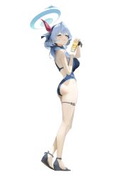 1girl absurdres ako_(blue_archive) alternate_costume ass back bare_legs bare_shoulders blue_archive blue_hair blush breasts competition_swimsuit dat from_side full_body gehenna_academy_logo halo highres holding large_breasts legs looking_at_viewer lotion one-piece_swimsuit simple_background smile smug solo standing sunscreen swimsuit thigh_strap thighs white_background