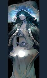 absurdres artkurera blue_hair blue_skin cape cloak colored_skin cracked_skin dark_background doll_joints elden_ring extra_arms extra_faces fur_cape fur_cloak hat highres joints large_hat own_hands_together ranni_the_witch sitting smile witch witch_hat