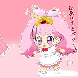 1girl apron chibi female_focus go!_princess_precure haruno_haruka hinata_(artist) hinata_(laby_spe) personification pink_hair precure puff_(go!_princess_precure) puff_(go!_princess_precure)_(human) solo