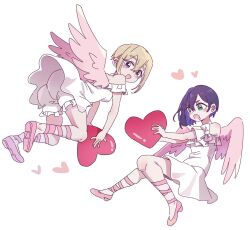+_+ :d :o alternate_costume angel angel_wings black_hair blonde_hair blush blush_stickers cross-laced_sandals dalidari27 dress drooling flying frilled_dress frilled_shirt frilled_shorts frills from_behind full_body green_eyes hair_between_eyes haraga_kurumi heart highres holding holding_heart kimi_no_koto_ga_dai_dai_dai_dai_daisuki_na_100-nin_no_kanojo knees_together_feet_apart looking_at_object looking_at_viewer off-shoulder_dress off-shoulder_shirt off_shoulder open_mouth pink_sandals pink_wings purple_eyes sandals shirt short_hair shorts sidelocks simple_background smile sutou_iku thick_eyebrows v-shaped_eyebrows white_background white_dress white_shirt white_shorts wings