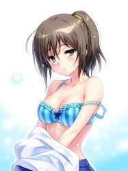 10s 1girl angel_beats! blue_bra bow bow_bra bra breasts brown_hair cleavage female_focus gradient_background hisako_(angel_beats!) long_hair ponytail solo strap_slip striped_bra striped_clothes underwear undressing vertical_stripes zen