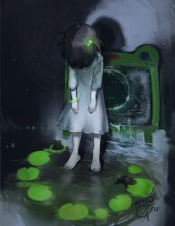 1girl 2023 4others ahoge artist_name barefoot brown_hair child crawling dress frogs girutea glowing glowing_eyes green_eyes hair_over_face head_down highres lily_hopkins lily_pad multiple_others short_hair standing television the_ring water white_dress yamamura_sadako