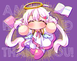 1girl amane_karen book cartoon_wings closed_eyes dress eyelashes greisia hair_ornament halo heart heart_hair_ornament highres jikkyou_powerful_pro_yakyuu long_hair open_book pink_hair pink_ribbon power_pro_appli ribbon solo thank_you traditional_halo twintails very_long_hair white_dress white_wings wings