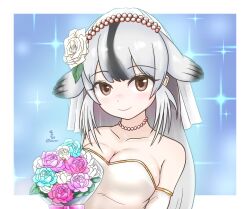 1girl absurdres alternate_costume bare_shoulders bearded_seal_(kemono_friends) blush bouquet bridal_veil brown_eyes collarbone dress elbow_gloves fins flower gloves gold_trim grey_hair hair_flower hair_ornament head_fins highres holding holding_bouquet jewelry kemono_friends long_hair looking_at_viewer multicolored_hair necklace nokemono-san_(bocchi_friend) pearl_necklace rose seal_girl sidelocks sleeveless smile solo sparkle upper_body veil wedding_dress white_dress white_flower white_gloves white_hair white_rose