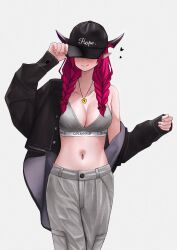 1girl baseball_cap black_hat black_horns black_jacket blush braid breasts cleavage closed_mouth collarbone commentary covered_eyes fingernails flower grey_pants grey_sports_bra hair_flower hair_ornament hat heart heart-shaped_lock heart_collar highres hololive hololive_english horns irys_(hololive) jacket jewelry large_breasts long_hair long_sleeves navel necklace open_clothes open_jacket pants pink_flower pink_hair pink_horns simple_background single_bare_shoulder sleeves_past_wrists smile solo sports_bra stomach tongue tongue_out twin_braids unmeidesu virtual_youtuber