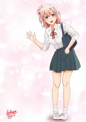 1girl :d bag blue_skirt collared_shirt commentary_request dated dress_shirt full_body hair_between_eyes hair_bun leaning_to_the_side long_sleeves looking_at_viewer neck_ribbon one_side_up open_mouth pink_hair pleated_skirt red_eyes red_ribbon revision ribbon sakayaya school_bag school_uniform shirt shoes signature single_side_bun skirt smile socks solo standing white_shirt white_shoes white_socks yahari_ore_no_seishun_lovecome_wa_machigatteiru. yuigahama_yui
