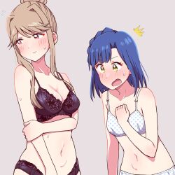 Rule 34 | 2girls, ^^^, black bra, black panties, blue hair, blush, bra, braid, breasts, brown hair, cleavage, closed mouth, collarbone, curtained hair, dot nose, flying sweatdrops, forehead, grey background, hair bun, hand on own chest, highres, holding own arm, idolmaster, idolmaster million live!, idolmaster million live! theater days, lingerie, long hair, medium breasts, medium hair, multiple girls, nanao yuriko, navel, open mouth, panties, parted bangs, polka dot, polka dot bra, polka dot panties, red eyes, rickhime38, sidelocks, simple background, single hair bun, small breasts, sweat, swept bangs, tenkuubashi tomoka, training bra, underwear, upper body, yellow eyes