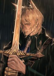 Rule 34 | 1boy, absurdres, animal ear fluff, animal ears, arknights, arms up, belt, belt buckle, black coat, blonde hair, buckle, chest belt, closed eyes, closed mouth, coat, collared coat, commentary request, ephemeral vii, eyelashes, hair behind ear, hair between eyes, highres, holding, holding sword, holding weapon, horse boy, horse ears, male focus, mlynar (arknights), mlynar (w dali) (arknights), necktie, rain, solo, sword, upper body, weapon, wet, wet hair, wing collar
