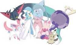 3girls :3 absurdly_long_hair absurdres alternate_color arm_at_side black_eyes black_sclera blue_hair blue_hat blue_sclera blue_skin bob_cut bow closed_mouth colored_sclera colored_skin creatures_(company) dragapult ear_bow female_focus flat_chest floating full_body game_freak gardevoir gen_3_pokemon gen_6_pokemon gen_7_pokemon gen_8_pokemon gradient_hair grey_background grey_skin hair_over_one_eye half-closed_eyes hammer hand_to_own_mouth hand_up happy hat hatterene highres holding holding_hammer holding_weapon huge_weapon long_hair looking_at_viewer looking_to_the_side mimikyu multicolored_hair multicolored_skin multiple_girls nintendo one_eye_covered orange_eyes pink_bow pink_hair pink_skin pokemon pokemon_(creature) prehensile_hair purple_eyes ribbon shiny_pokemon short_hair sidelocks simple_background smile split_mouth standing sylveon tinkaton two-handed two-tone_hair two-tone_skin very_long_hair virus_(viruss_4109) weapon white_eyes white_ribbon white_skin witch_hat yellow_sclera