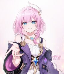 1girl breasts coat commentary_request cyrene_(honkai:_star_rail) dress hair_ornament hamu_(rz_1023) highres honkai:_star_rail honkai_(series) jewelry looking_at_viewer necklace parted_lips pink_hair purple_coat reaching reaching_towards_viewer simple_background small_breasts smile solo twitter_username white_background white_dress white_hair