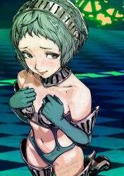 1girl absurdres alternate_costume aqua_gloves aqua_hair armor bare_shoulders bikini_armor breasts cleavage elbow_gloves gears gloves high-cut_armor_(persona) highres looking_at_viewer navel nervous oeilvert_fft persona persona_3 short_hair solo standing standing_on_one_leg underwear yamagishi_fuuka
