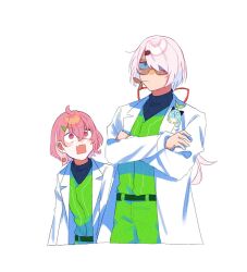 1boy 1girl animal animal_in_clothes aqua_eyes belt black_undershirt borrowed_hairstyle coat crossed_arms earrings floating_earrings green_pants green_shirt hair_ornament hairclip holiuvre_318 jewelry lab_coat leos_vincent long_hair mameneko_(leos_vincent) mouth_hold nijisanji pants pink_eyes pink_hair red_ribbon ribbon sasaki_saku shiina_yuika shirt shirt_tucked_in short_hair stalk_in_mouth virtual_youtuber white_coat white_hair wig