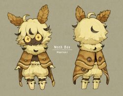 Rule 34 | 1boy, ahoge, arthropod boy, artist name, blonde hair, boots, brown cape, brown wings, cape, closed mouth, cross-shaped pupils, dark-skinned male, dark skin, english text, from behind, full body, fur boots, fur collar, insect wings, knee boots, looking at viewer, male focus, maniani, moth antennae, moth boy, moth wings, multicolored hair, multiple views, original, revision, short hair, shorts, simple background, smile, standing, straight-on, streaked hair, symbol-shaped pupils, very dark skin, wings, yellow boots, yellow eyes, yellow shorts