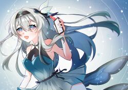 1girl absurdres aqua_dress artist_name bare_shoulders black_hairband blue_eyes blue_pupils dress feather_hair_ornament feathers firefly_(honkai:_star_rail) getty-gy grey_hair hair_ornament hairband highres holding holding_phone honkai:_star_rail honkai_(series) long_hair looking_at_viewer multicolored_eyes phone pink_eyes sleeveless sleeveless_dress solo two-tone_eyes