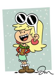1girl artist_name blonde_hair christmas commentary dress ear_piercing earrings english_commentary eyewear_on_head full_body hoop_earrings jewelry jose_miranda leni_loud long_hair piercing signature solo sunglasses the_loud_house the_loud_house_(style)