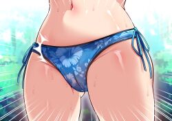 Rule 34 | 1girl, bikini, blue bikini, cameltoe, floral print bikini, forest, gluteal fold, hechima koubou, mesu game ~tsukamareba soku nakadashi! 100 hyaku oku-en to chijoku o kaketa survival~, nature, navel, shiny skin, side-tie bikini bottom, sweat, swimsuit