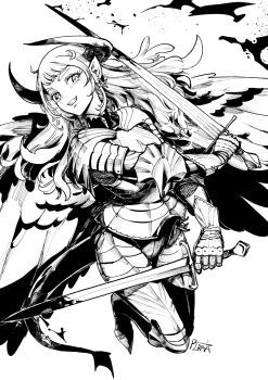 Rule 34 | 1girl, armet, armor, chainmail, couter, cuirass, cuisses, demon girl, demon horns, demon tail, dual wielding, earrings, feathered wings, gauntlets, gothic plate armor, greaves, grin, highres, holding, horns, jewelry, knight, monochrome, original, pauldrons, pirata (gailtonatiu), plate armor, pointy ears, poleyn, rerebrace, sabaton, shoulder armor, signature, smile, solo, tail, wings