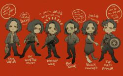 6+boys archived-nt arm_sling arms_behind_back assault_rifle avengers:_endgame avengers:_infinity_war avengers_(series) baggy_pants bare_shoulders barefoot belt black_panther_(movie) bodysuit boots bucky_barnes buttons captain_america:_civil_war captain_america:_the_first_avenger captain_america:_the_winter_soldier captain_america_(series) chibi closed_mouth collared_jacket copyright_name dagger dress english_text facial_hair fingernails greyscale_with_colored_background greyscale_with_colored_eyes gun holding holding_dagger holding_gun holding_knife holding_shield holding_weapon hood hooded_jacket jacket knife long_sleeves looking_afar looking_at_viewer male_focus marvel marvel_cinematic_universe military_jacket multiple_boys multiple_persona notice_lines open_clothes open_jacket package pants pocket prosthesis prosthetic_arm puffy_long_sleeves puffy_sleeves red_background red_eyes rifle shield shirt short_hair simple_background sleeveless sleeveless_dress smile speech_bubble star_(symbol) sun_symbol tearing_up weapon winter_soldier