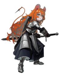 1girl absurdres animal_ears armor bracer commentary english_commentary frills gemi_ningen highres holding holding_sword holding_weapon knight kunai long_hair looking_to_the_side mouse_ears mouse_girl mouse_tail orange_eyes orange_hair pauldrons pawn_(rimworld) plate_armor ratkin_(rimworld) rimworld sheath shield shield_on_back shoulder_armor skirt solo sword tail tassets unsheathing weapon white_background