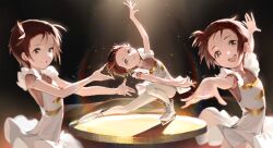 1girl arm_up bare_arms blurry brown_eyes brown_hair child commentary confetti dress figure_skating figure_skating_dress full_body grin highres ice_skates looking_at_viewer medalist_(manga) open_mouth outstretched_arms pantyhose parted_lips see-through_clothes shoes short_hair skates smile spread_arms tlseone white_dress white_pantyhose white_shoes yuitsuka_inori