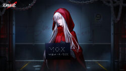 1girl against_wall black_gloves bridge_piercing chain character_name cloak closed_mouth colored_eyelashes copyright_name elbow_gloves expressionless face_piercing gloves grey_lips hand_up highres holding holding_sign hood hood_up hooded_cloak indoors logo long_hair looking_to_the_side mugshot no_pupils nose_bridge_piercing nox_(path_to_nowhere) official_art official_wallpaper path_to_nowhere piercing prison_cell prison_clothes red_cloak sign solo upper_body white_eyelashes white_eyes white_hair